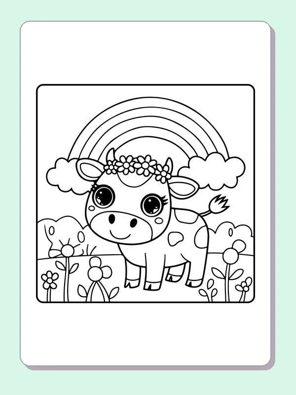 Flower-crown cow below a rainbow, black-and-white printable cow coloring page