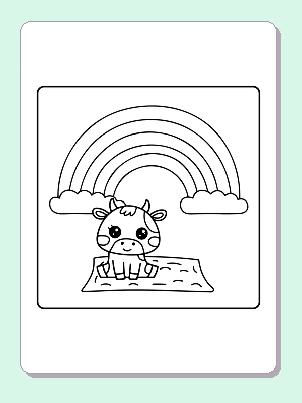 Little cow below a rainbow, black-and-white printable cow coloring page