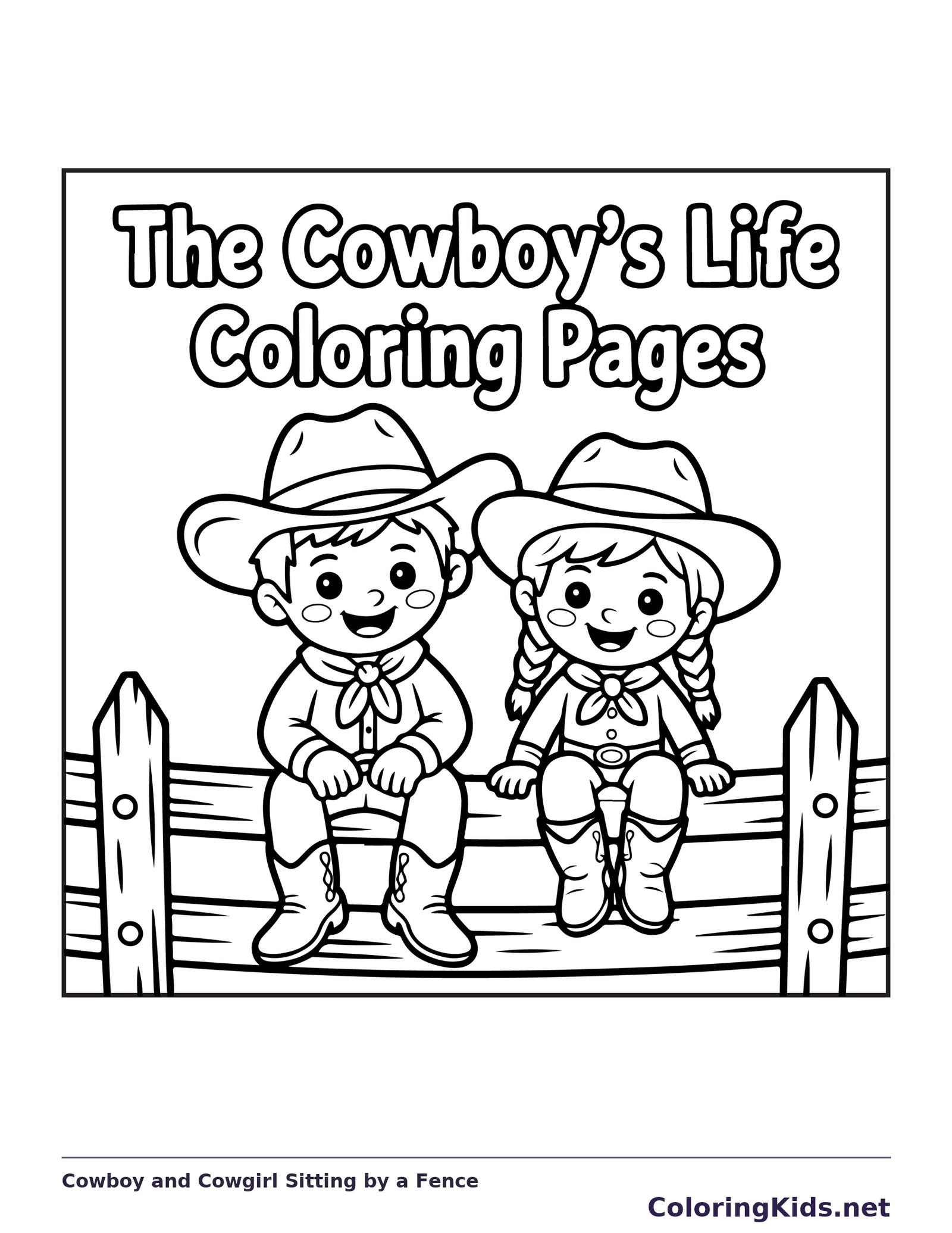 Black and white printable cowboy and cowgirl sitting by a fence coloring sheet