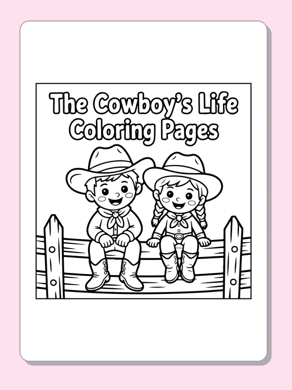 Black and white printable cowboy and cowgirl sitting by a fence coloring sheet