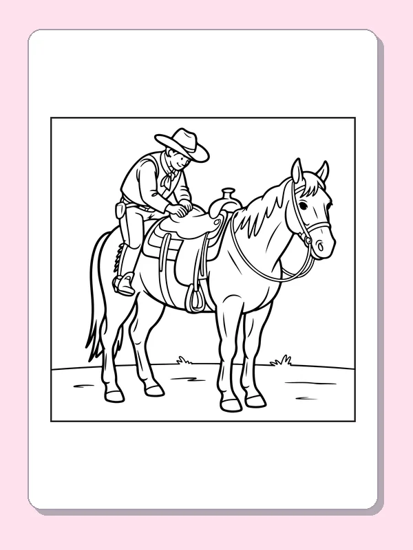 Black and white printable cowboy checking a horse’s saddle coloring sheet