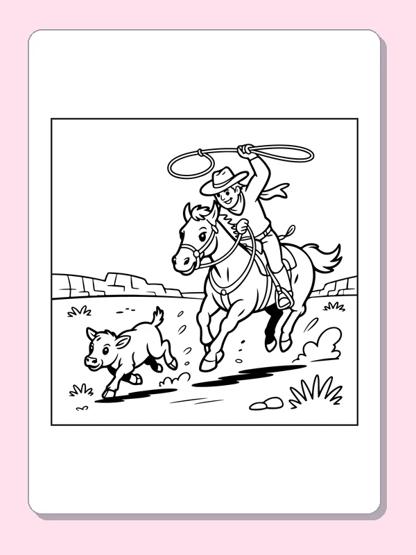 Black and white printable cowboy riding beside a calf coloring sheet