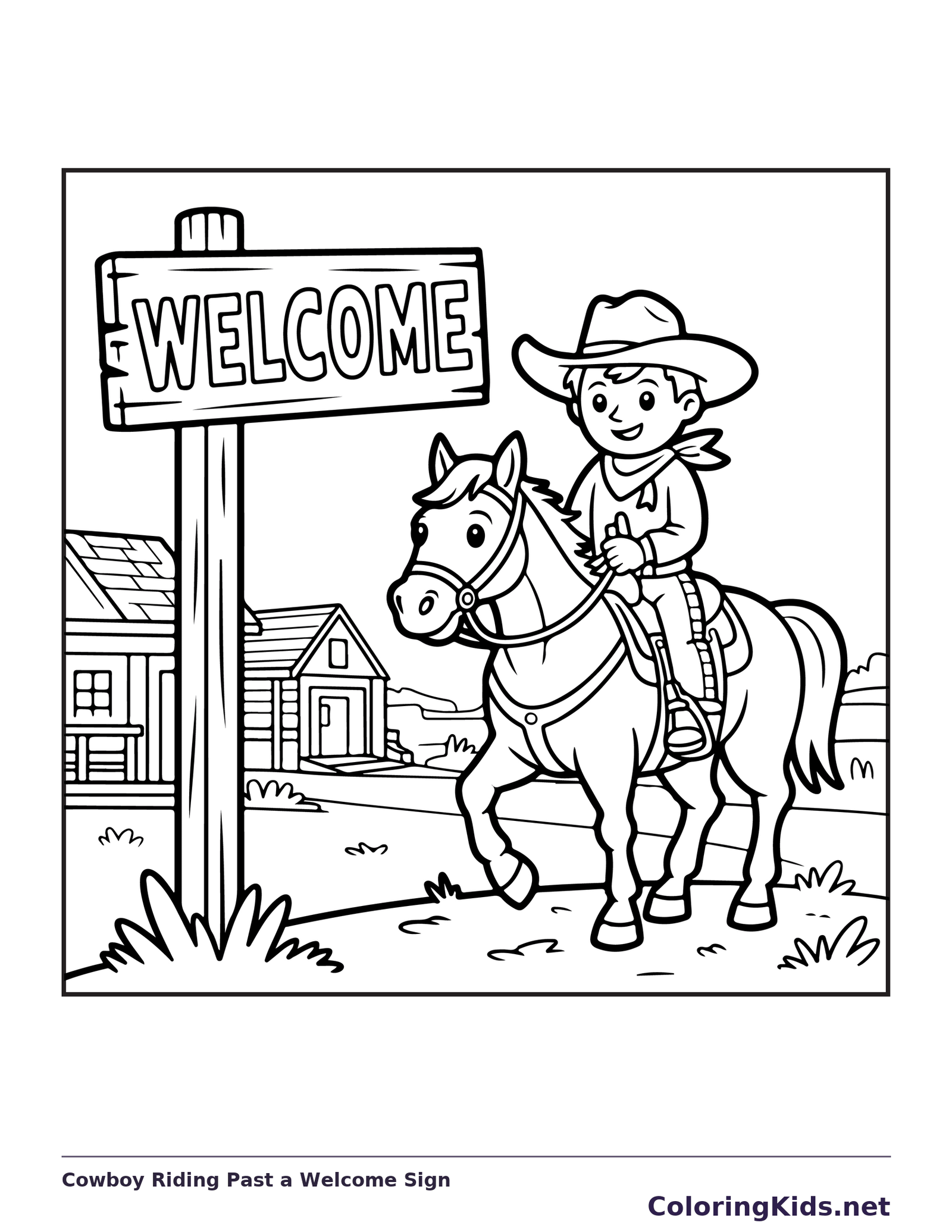 Black and white printable cowboy riding past a welcome sign coloring sheet