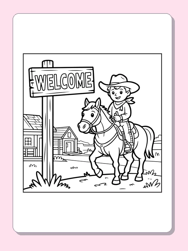 Black and white printable cowboy riding past a welcome sign coloring sheet