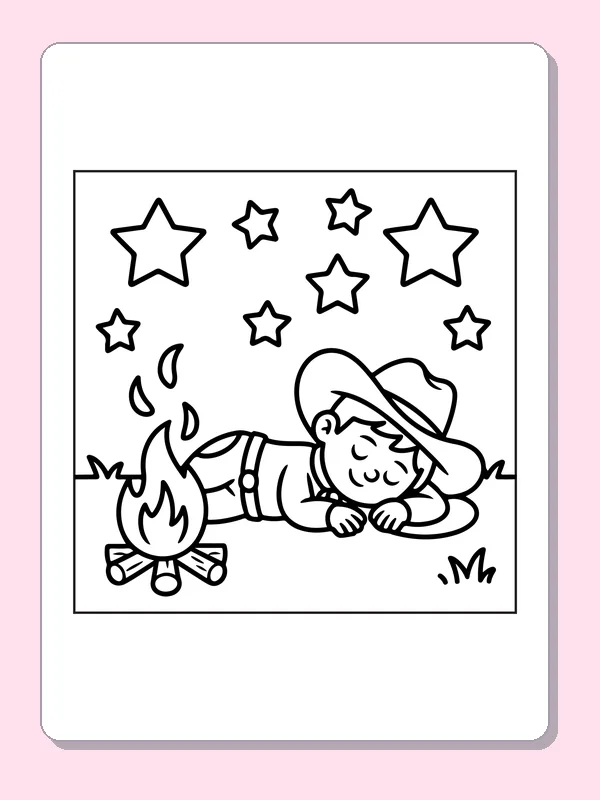 Black and white printable cowboy sleeping beside a campfire coloring sheet