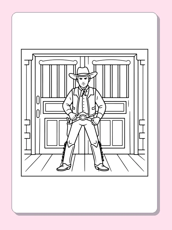 Black and white printable cowboy standing at saloon doors coloring sheet