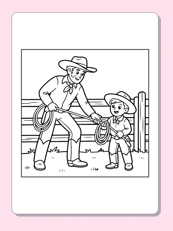 Black and white printable cowboy teaching a child to hold a lasso coloring sheet