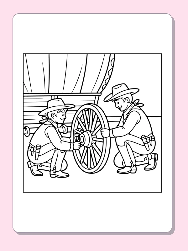 Black and white printable cowboys repairing a wagon wheel coloring sheet