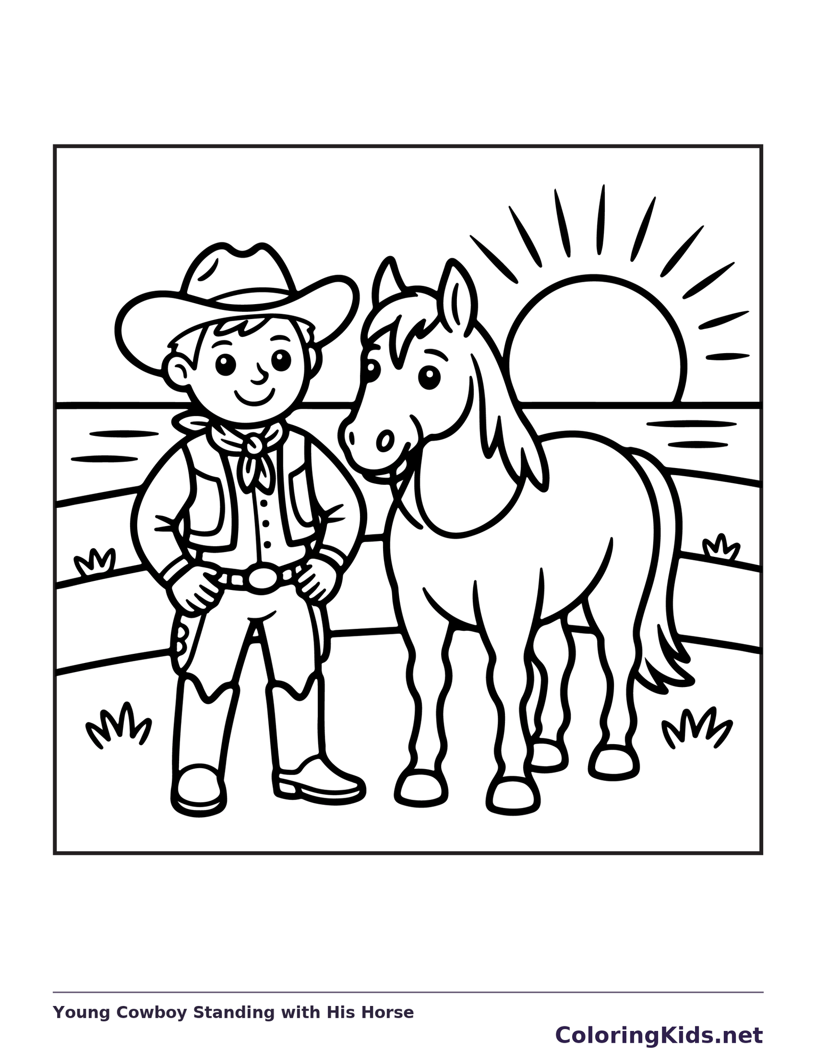 Black and white printable young cowboy standing with his horse coloring sheet