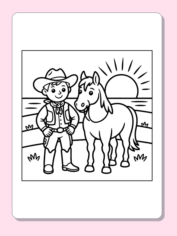 Black and white printable young cowboy standing with his horse coloring sheet