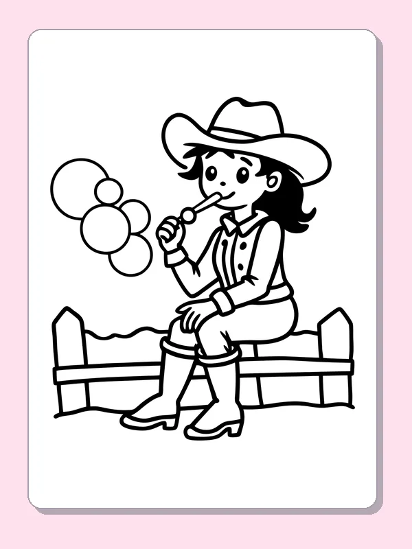 Seated cowgirl blowing bubbles beside a wooden fence