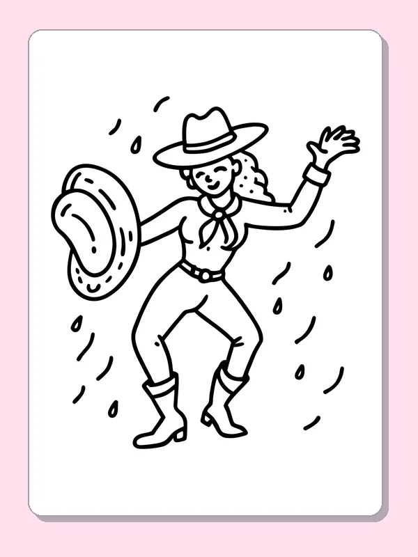 Cowgirl dancing while holding her hat beside motion marks