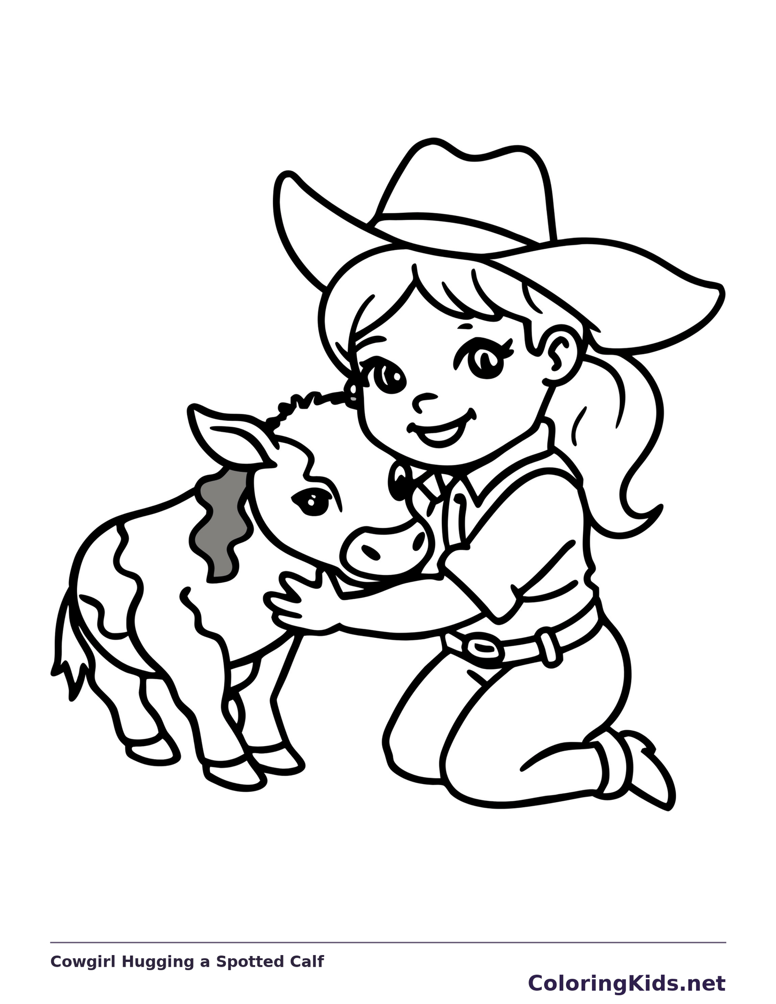 Kneeling cowgirl hugging a small spotted calf