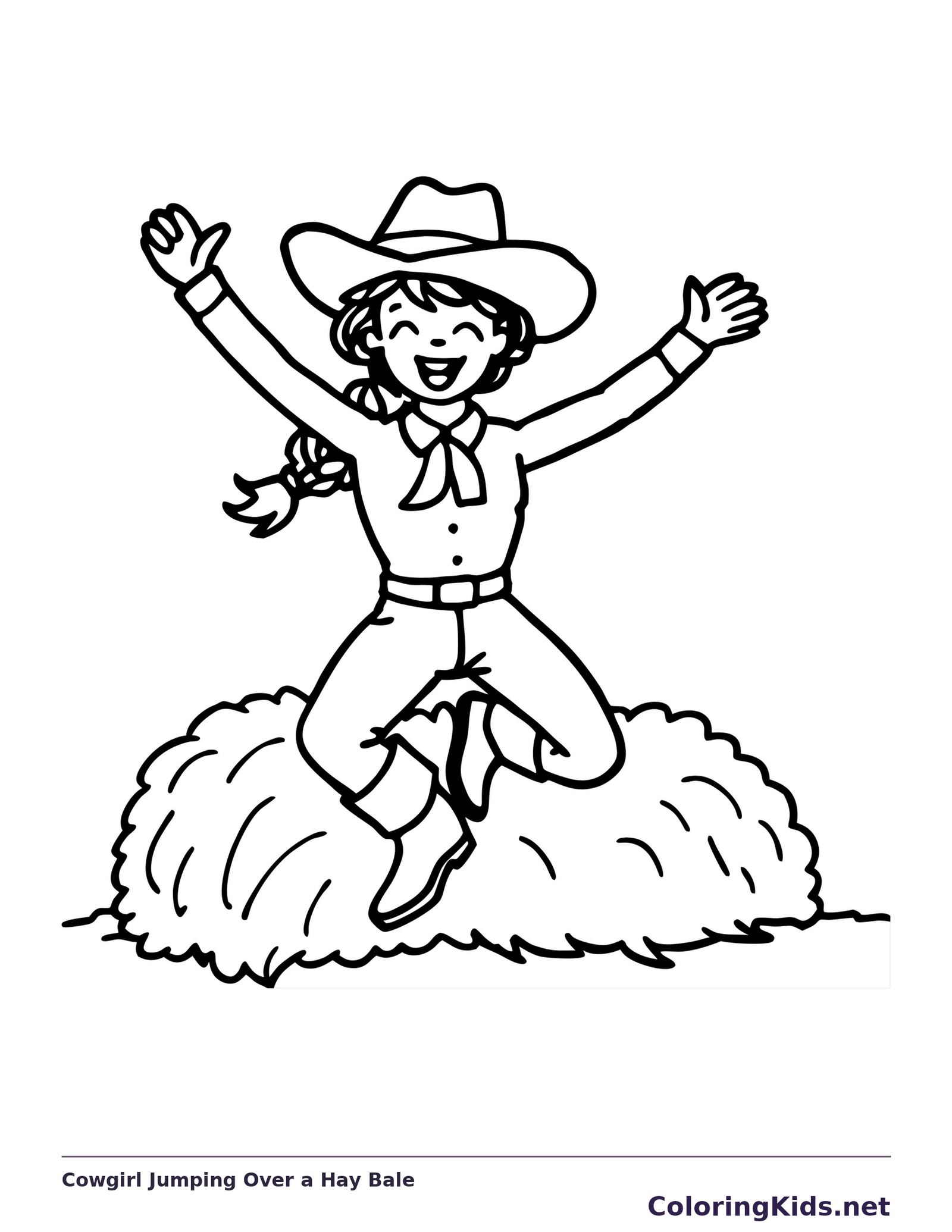 Cowgirl leaping above a hay bale with her arms wide