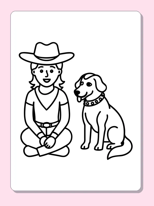 Cross-legged cowgirl seated next to a dog with a patterned collar