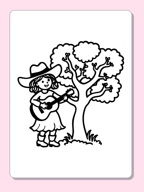 Cowgirl playing guitar under a large leafy tree
