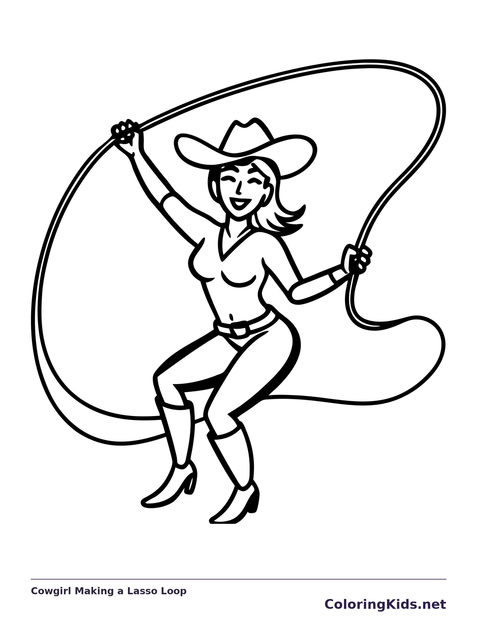Cowgirl holding a long rope in a large lasso loop