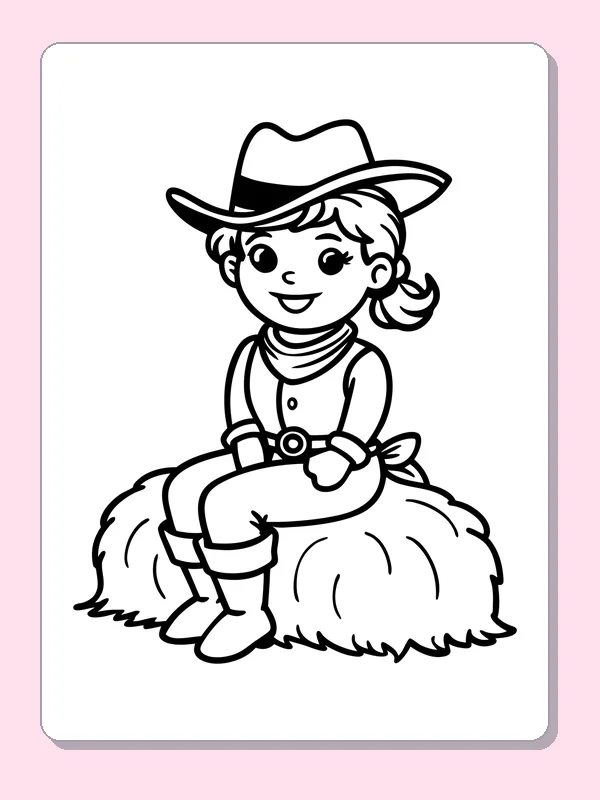 Cowgirl in overalls sitting on a rounded hay bale
