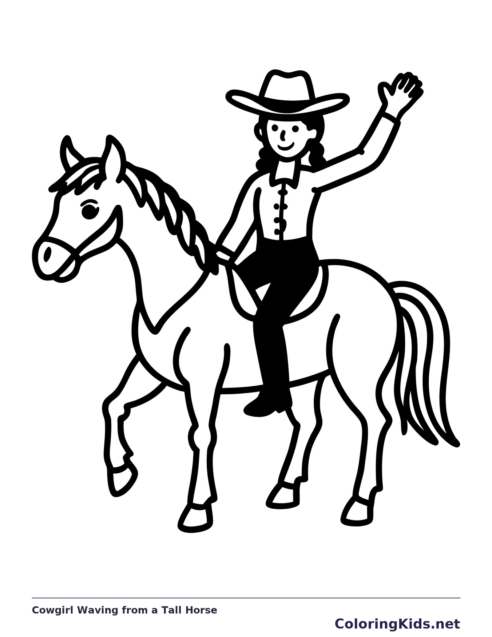 Cowgirl waving while riding a tall stepping horse