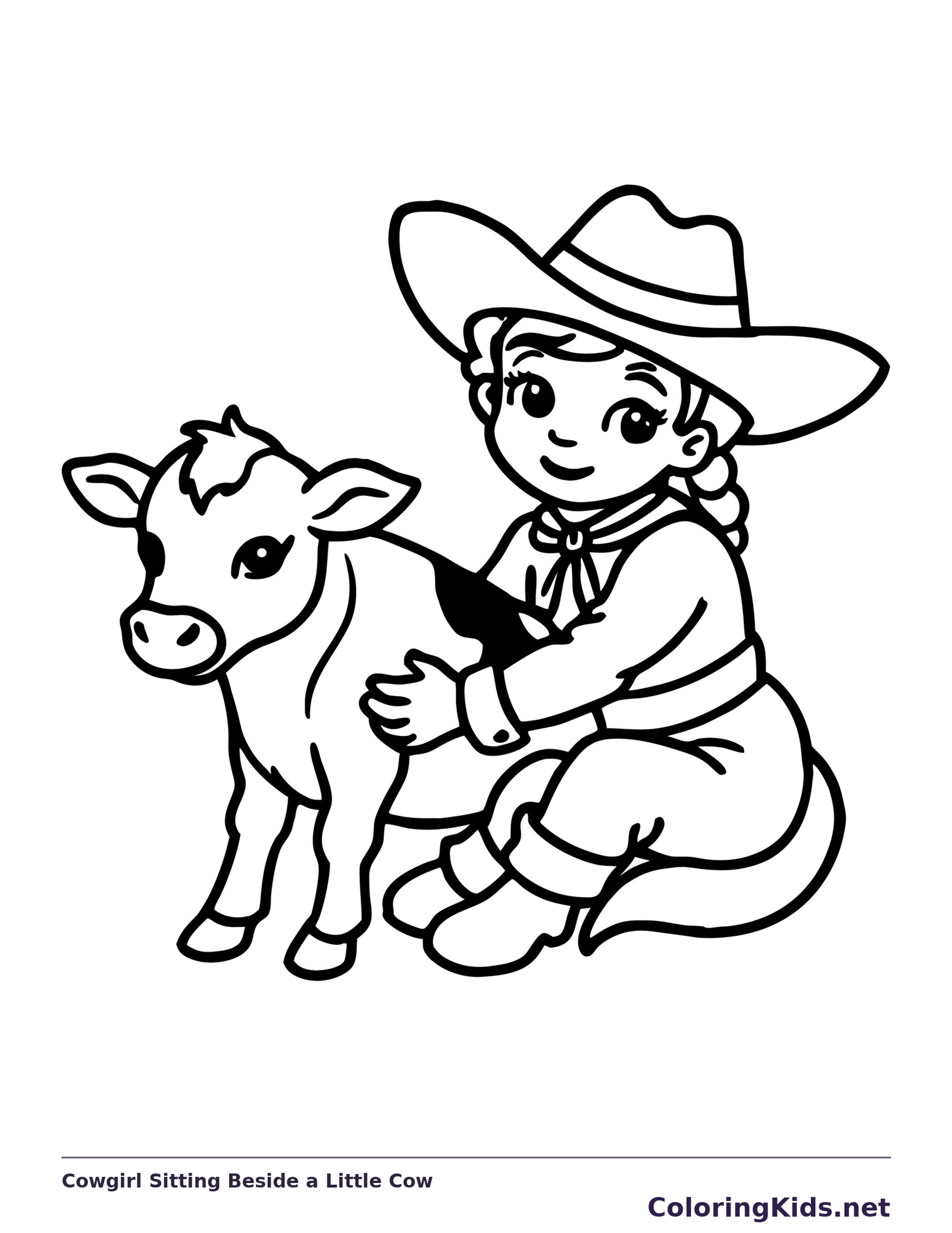Seated young cowgirl beside a small spotted calf