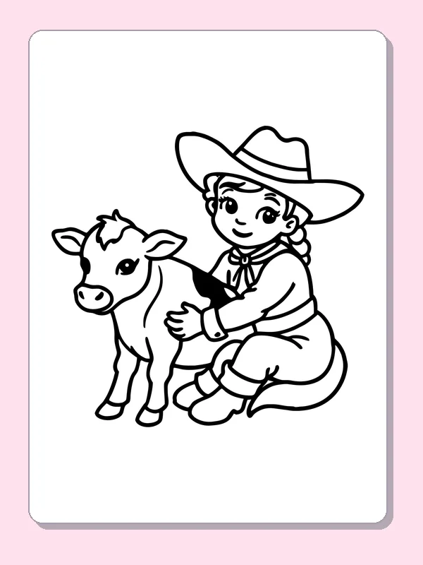 Seated young cowgirl beside a small spotted calf