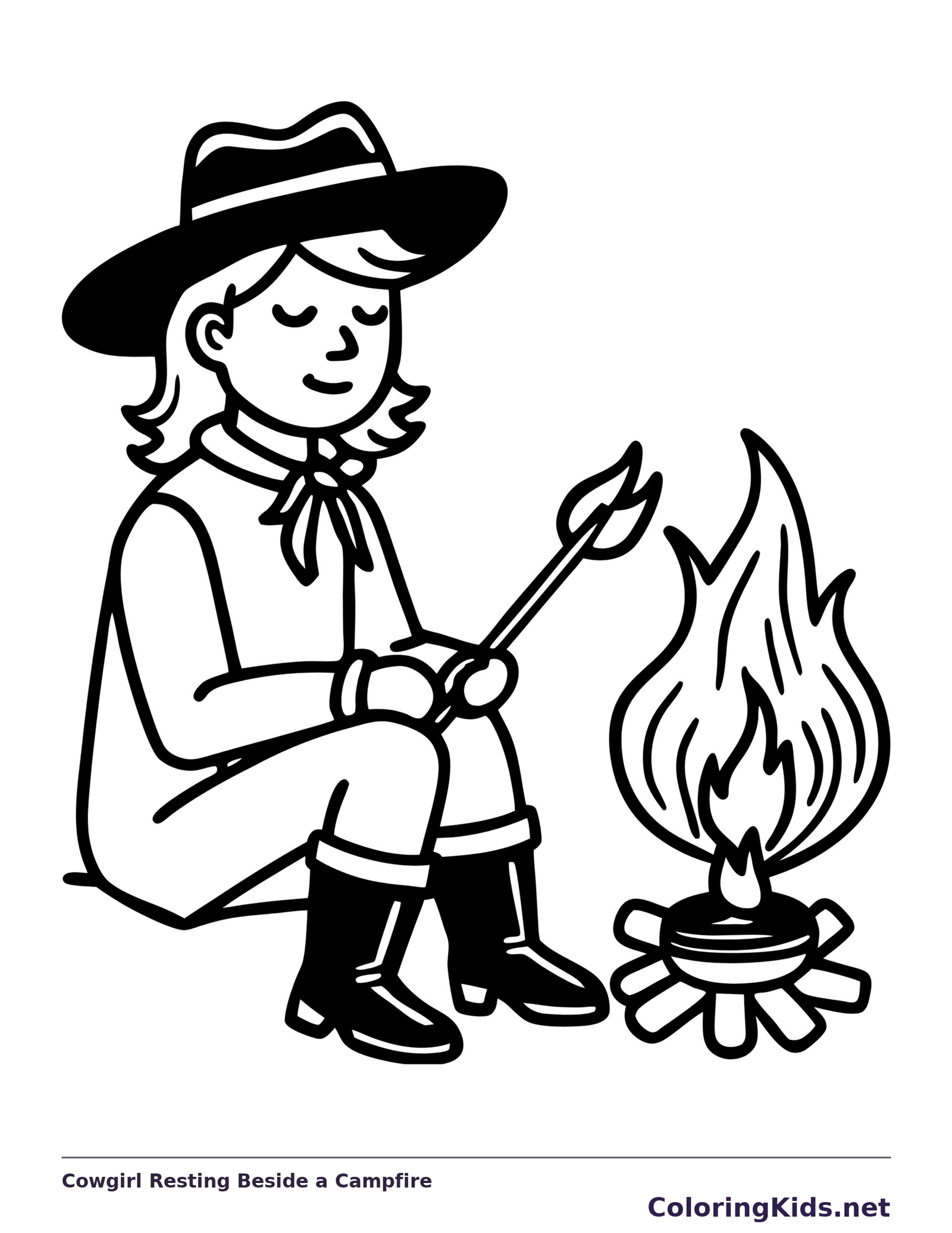 Seated cowgirl in a hat beside a small campfire drawing
