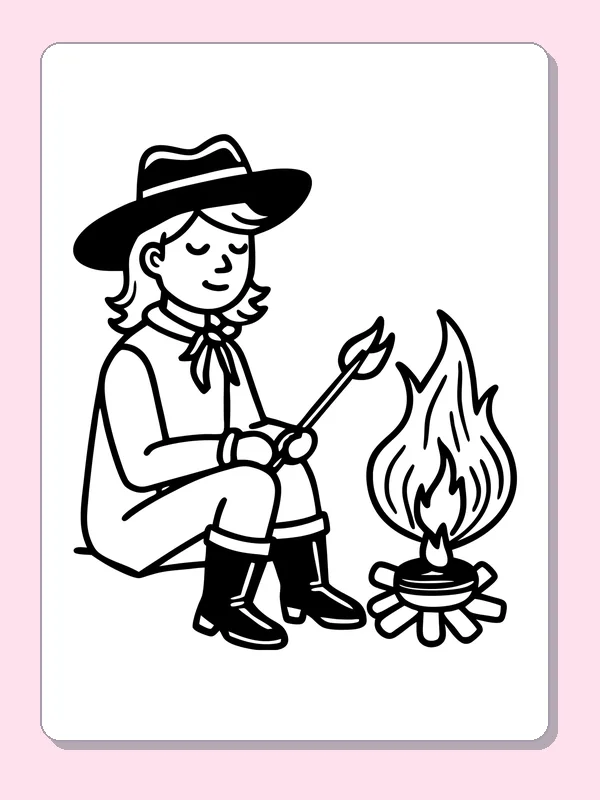 Seated cowgirl in a hat beside a small campfire drawing