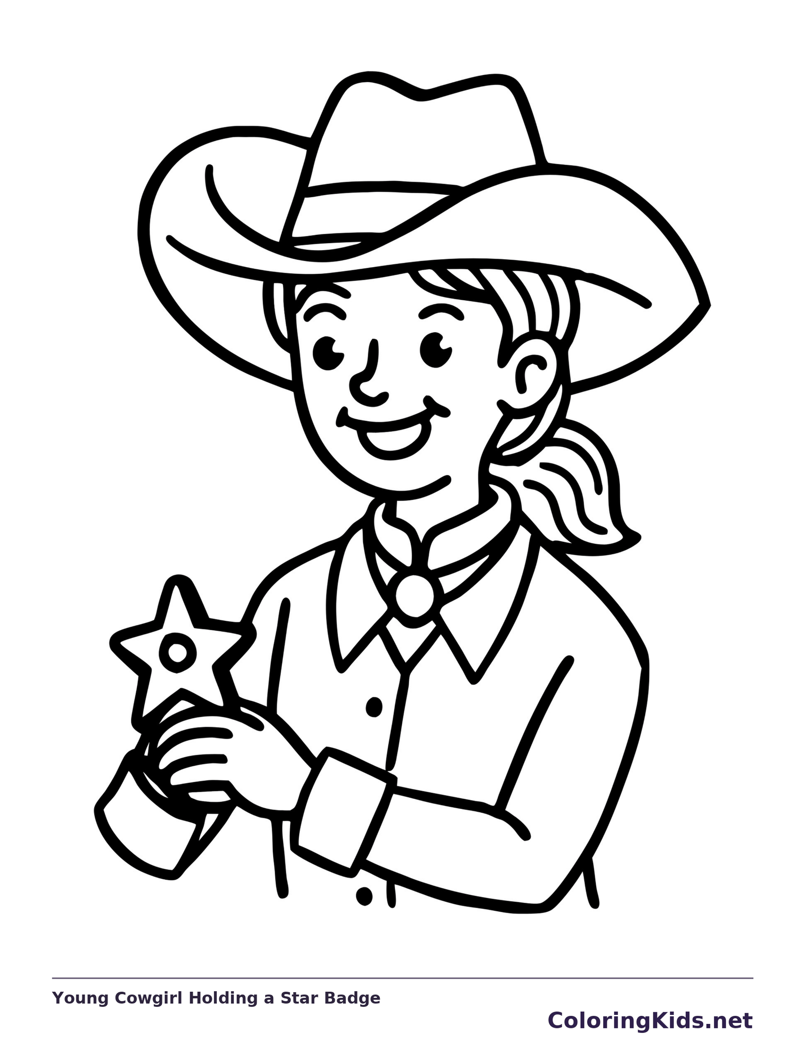 Young cowgirl in a hat holding a star-shaped badge