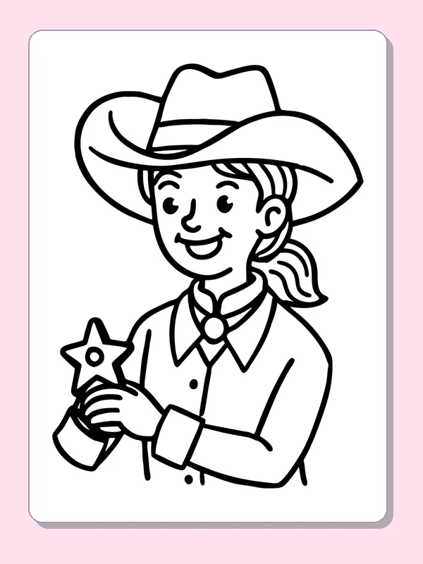 Young cowgirl in a hat holding a star-shaped badge
