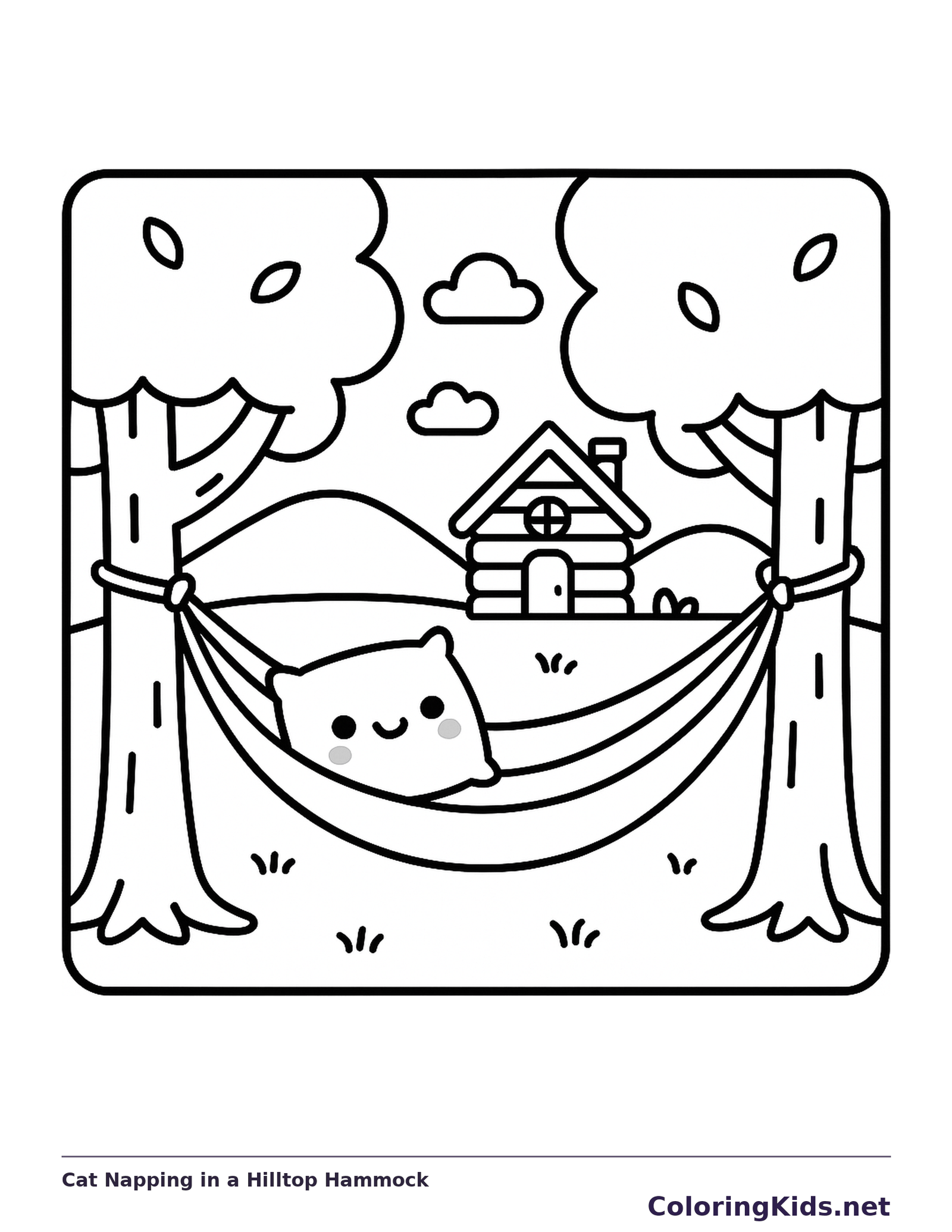 Black and white printable cat napping in a hilltop hammock coloring sheet