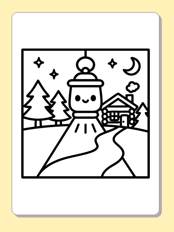 Black and white printable lantern lighting the cabin trail coloring sheet