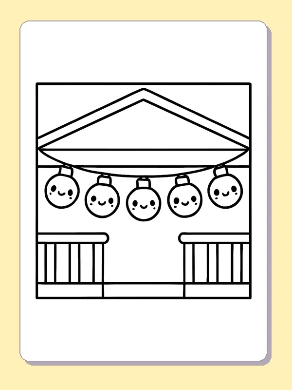 Black and white printable lanterns hanging on a cabin porch coloring sheet