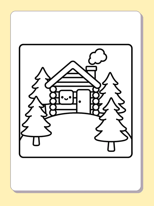 Black and white printable log cabin between pine trees coloring sheet