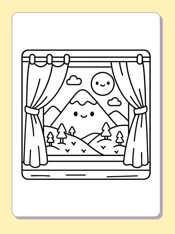 Black and white printable mountain view through cabin curtains coloring sheet