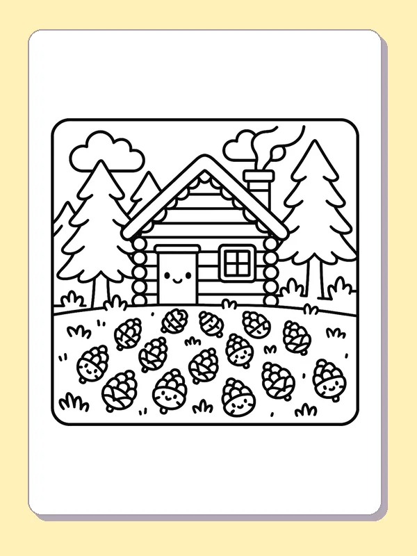 Black and white printable pinecone path to a hilltop cabin coloring sheet