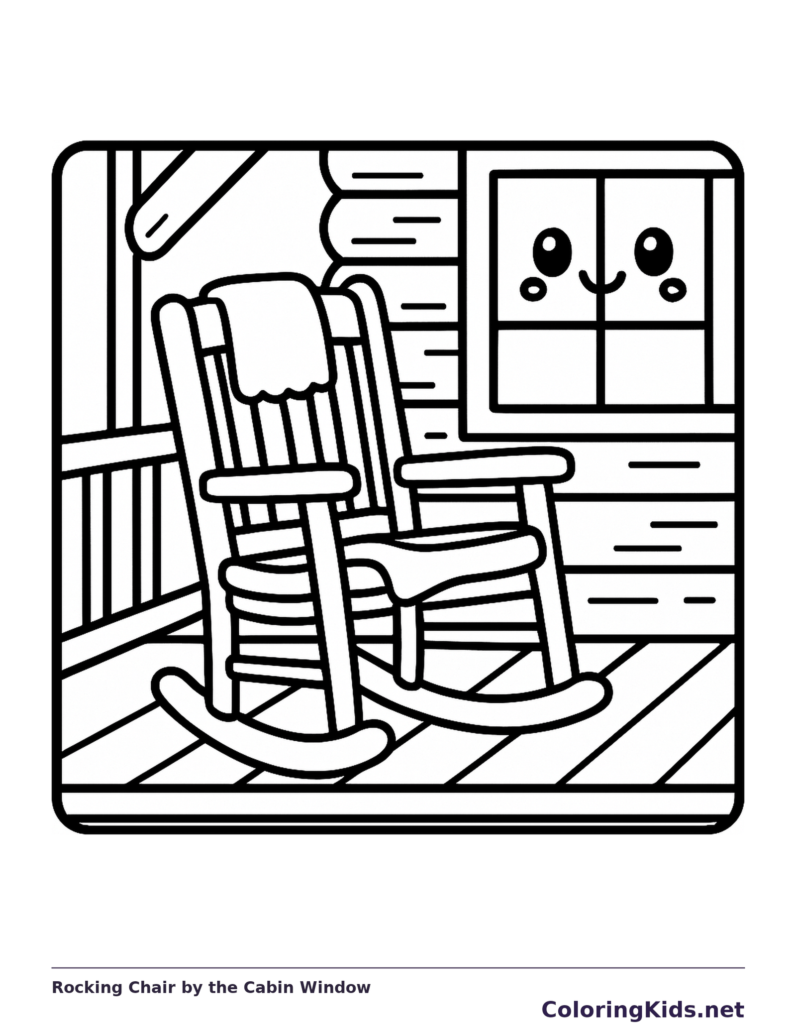 Black and white printable rocking chair by the cabin window coloring sheet