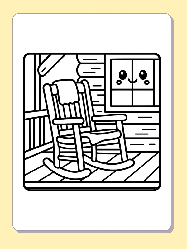 Black and white printable rocking chair by the cabin window coloring sheet