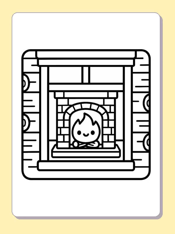 Black and white printable smiling fire in a cabin fireplace coloring sheet