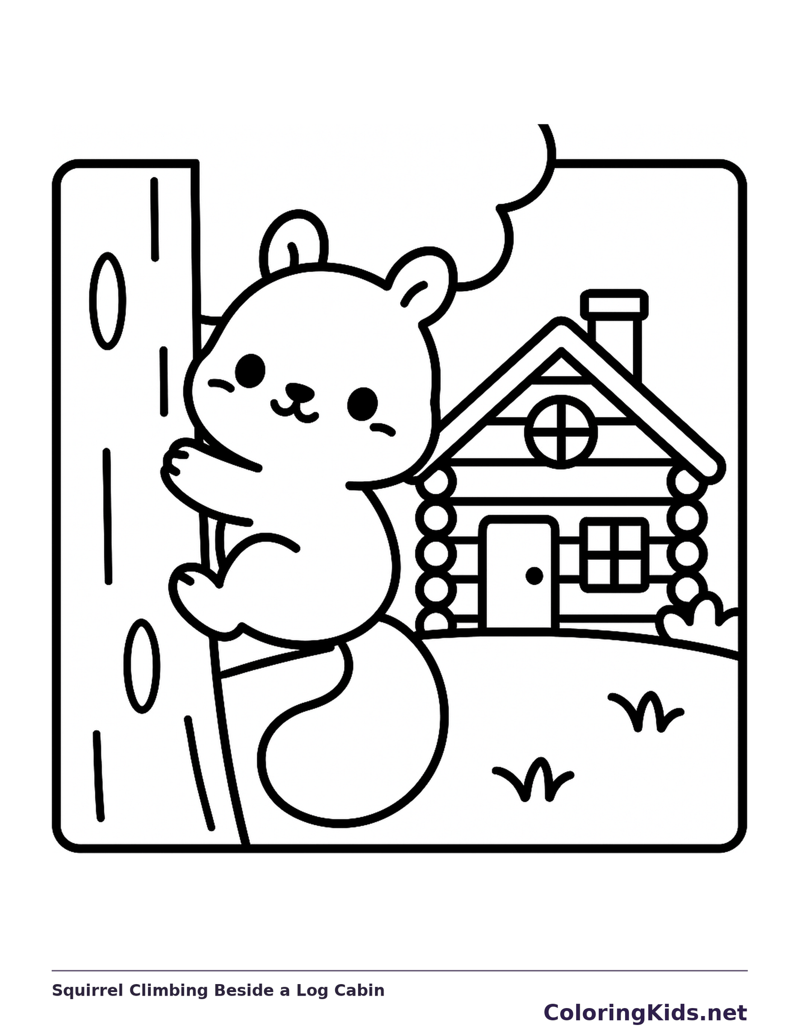 Black and white printable squirrel climbing beside a log cabin coloring sheet
