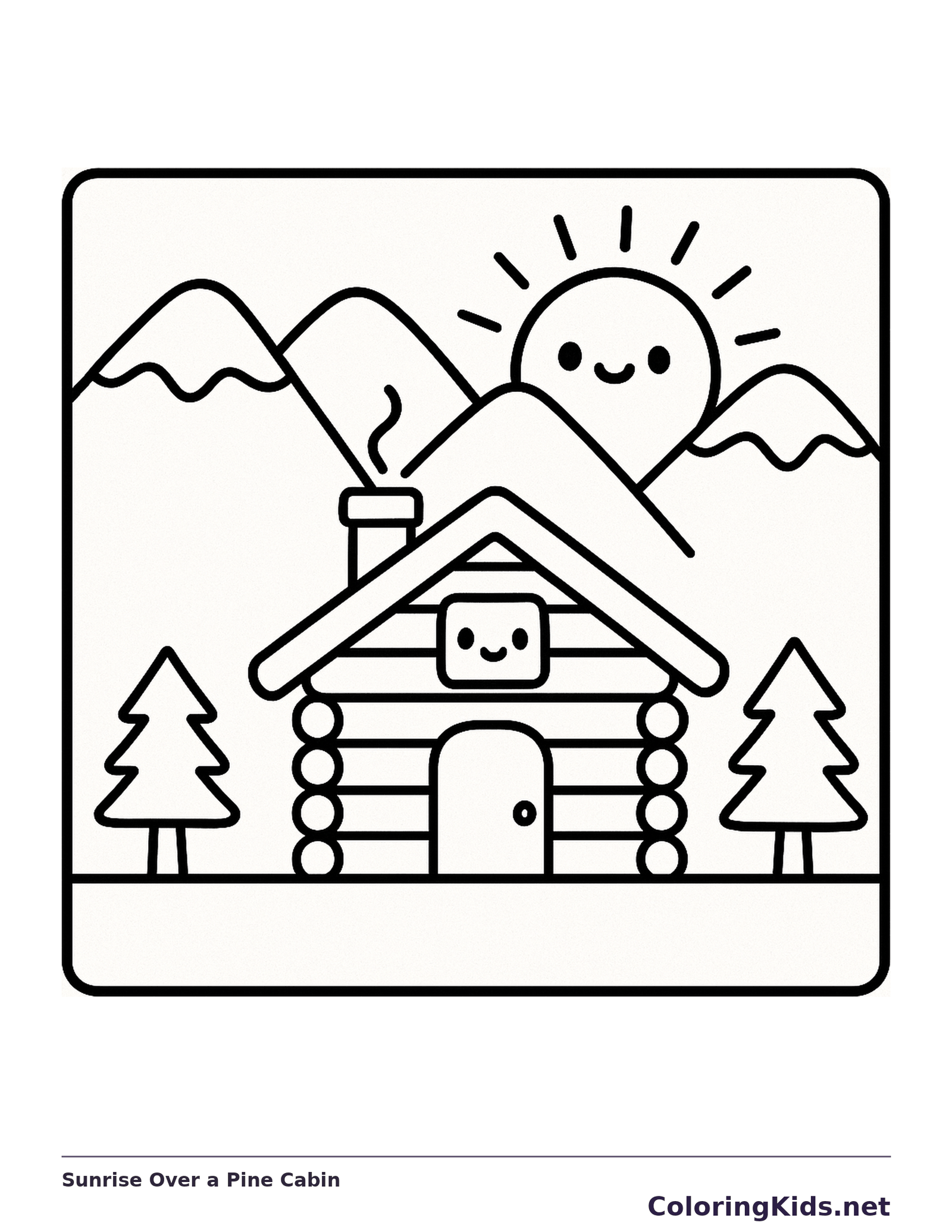 Black and white printable sunrise over a pine cabin coloring sheet