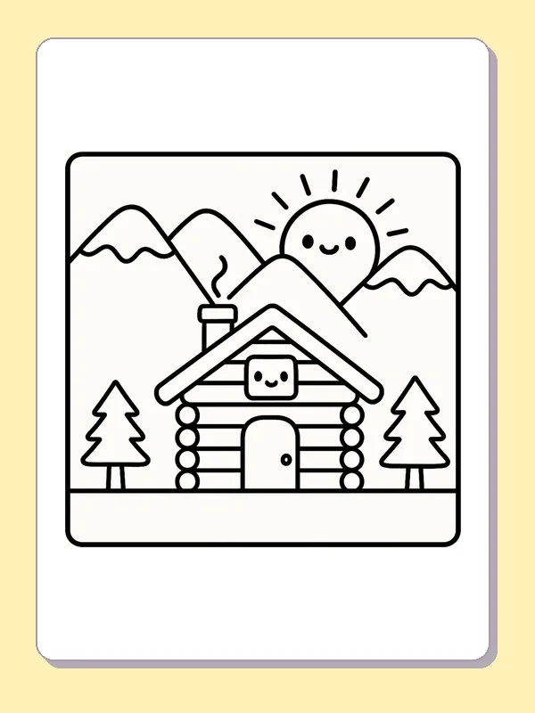Black and white printable sunrise over a pine cabin coloring sheet
