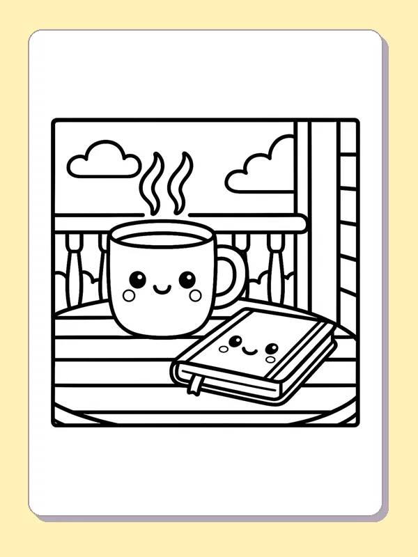 Black and white printable warm mug and notebook on the porch coloring sheet