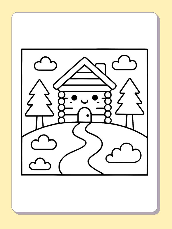 Black and white printable winding trail to a smiling cabin coloring sheet
