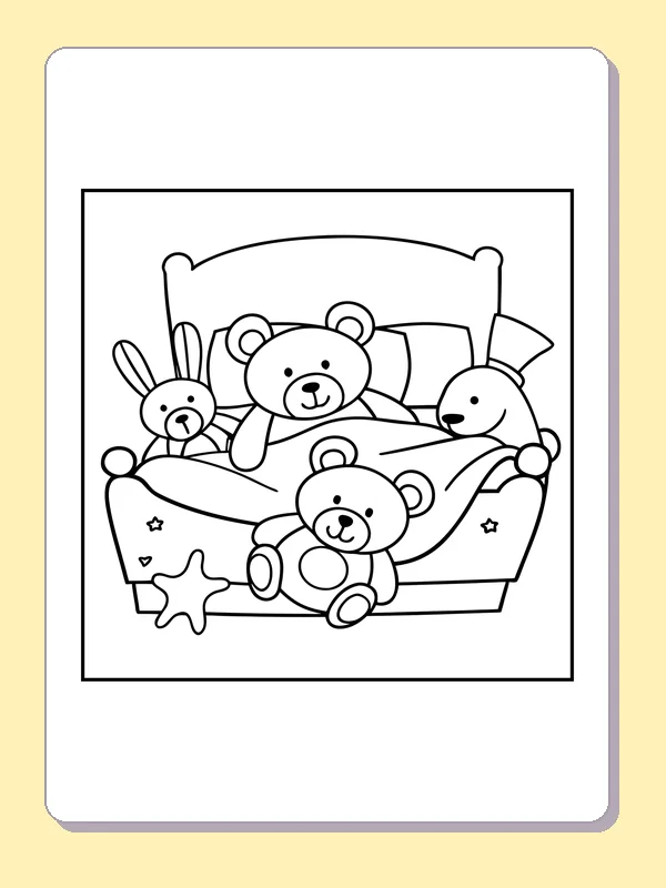 Black and white printable bears tucked into bed coloring sheet