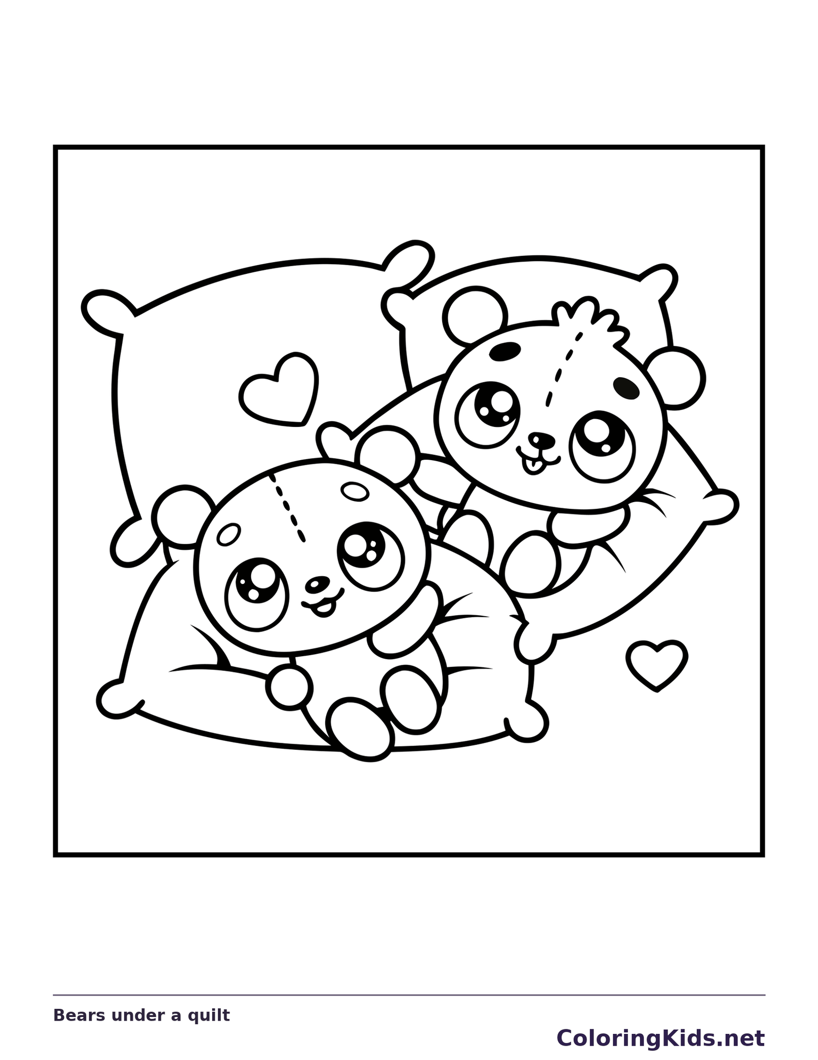 Black and white printable bears under a quilt coloring sheet