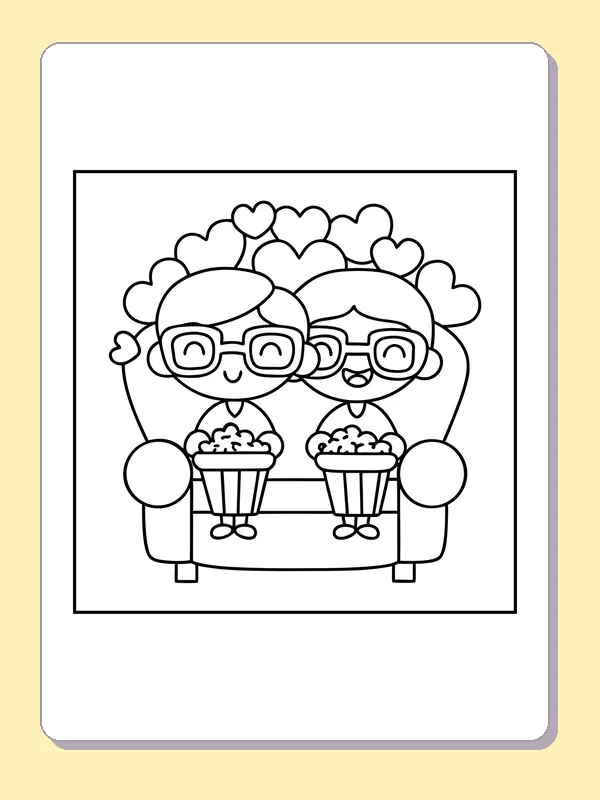 Black and white printable friends on a sofa coloring sheet