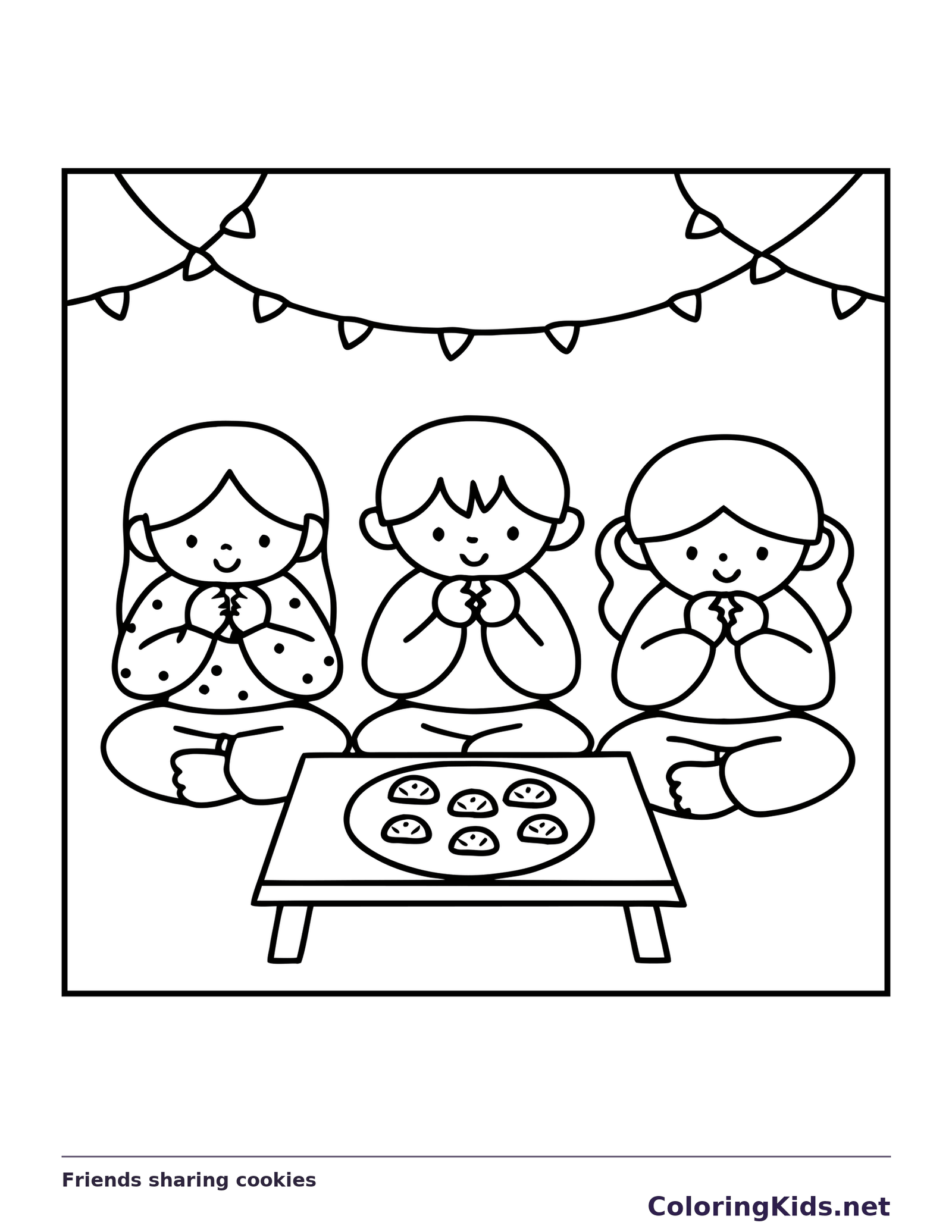 Black and white printable friends sharing cookies coloring sheet