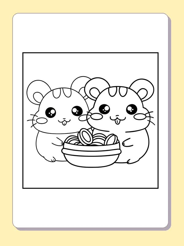 Black and white printable hamsters with noodle bowls coloring sheet