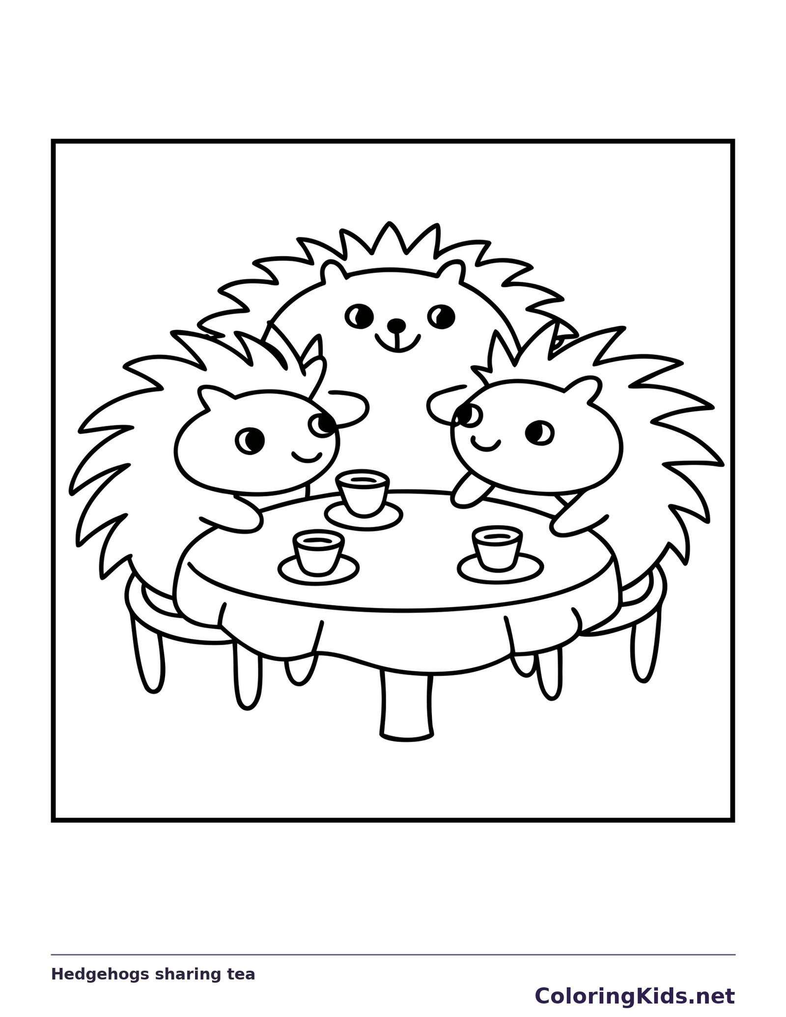 Black and white printable hedgehogs sharing tea coloring sheet