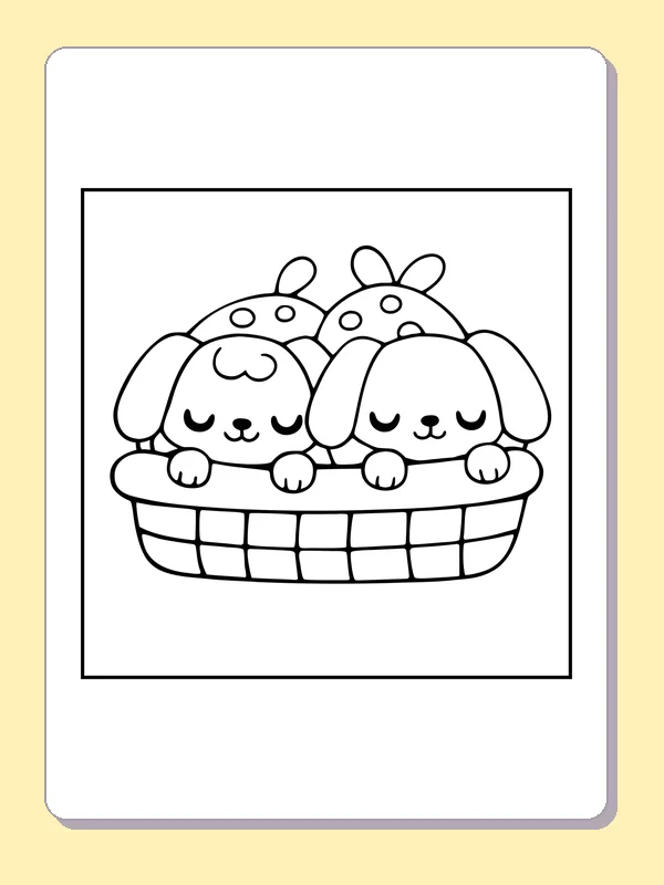 Black and white printable puppies in a basket coloring sheet